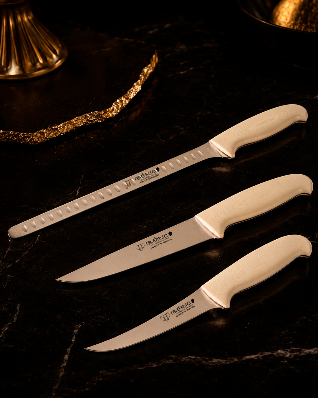 Set Jamonero Completo Cudeman 3 piezas con cuchillo jamonero, deshuesador y descortezador